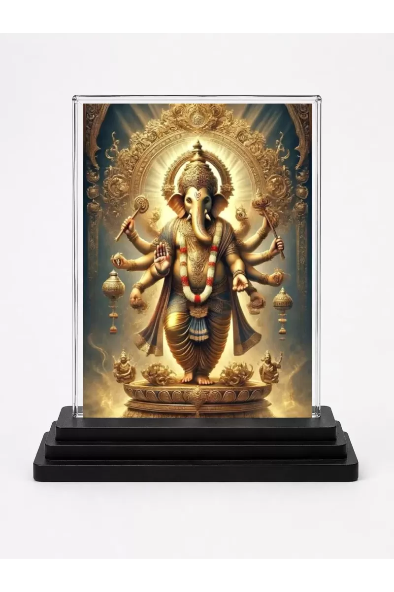 Ganesha Acrylic Car Dashboard Showpiece | Double-Sided Ganesha Photo Stand | 3 X 4 Inch Photo | Transparent Acrylic Frame With Black Base | Car Dashboard, Office & Table Decor (F71796)