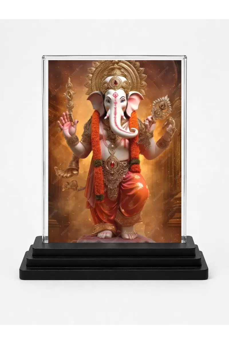 Ganesha Acrylic Car Dashboard Showpiece | Double-Sided Ganesha Photo Stand | 3 X 4 Inch Photo | Transparent Acrylic Frame With Black Base | Car Dashboard, Office & Table Decor (F71798)