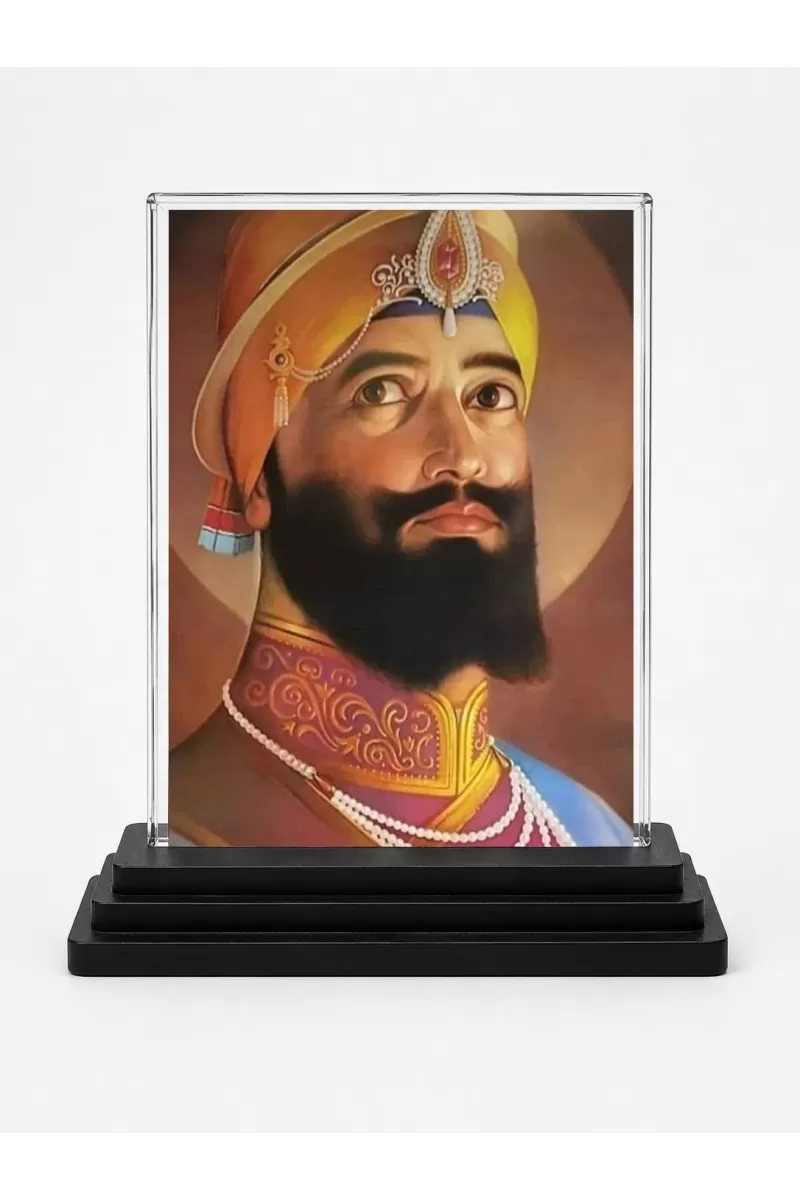 Guru Gobind Singh Acrylic Car Dashboard Showpiece | Double-Sided Guru Gobind Singh Photo Stand | 3 X 4 Inch Photo | Transparent Acrylic Frame With Black Base | Car Dashboard, Office & Table Decor (F71800)