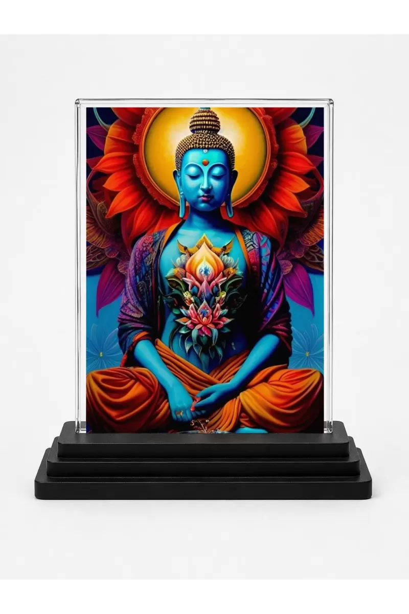 Buddha Acrylic Car Dashboard Showpiece | Double-Sided Buddha Photo Stand | 3 X 4 Inch Photo | Transparent Acrylic Frame With Black Base | Car Dashboard, Office & Table Decor (F71805)