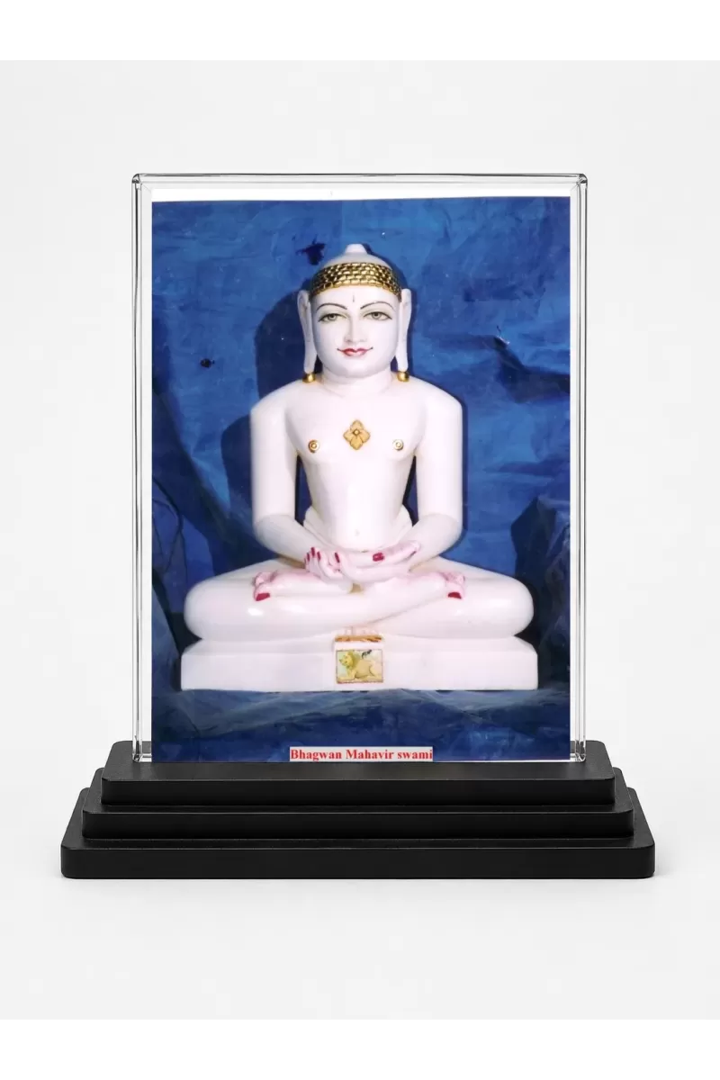 Bhagwan Mahavir Acrylic Car Dashboard Showpiece | Double-Sided Bhagwan Mahavir Photo Stand | 3 X 4 Inch Photo | Transparent Acrylic Frame With Black Base | Car Dashboard, Office & Table Decor (F71808)