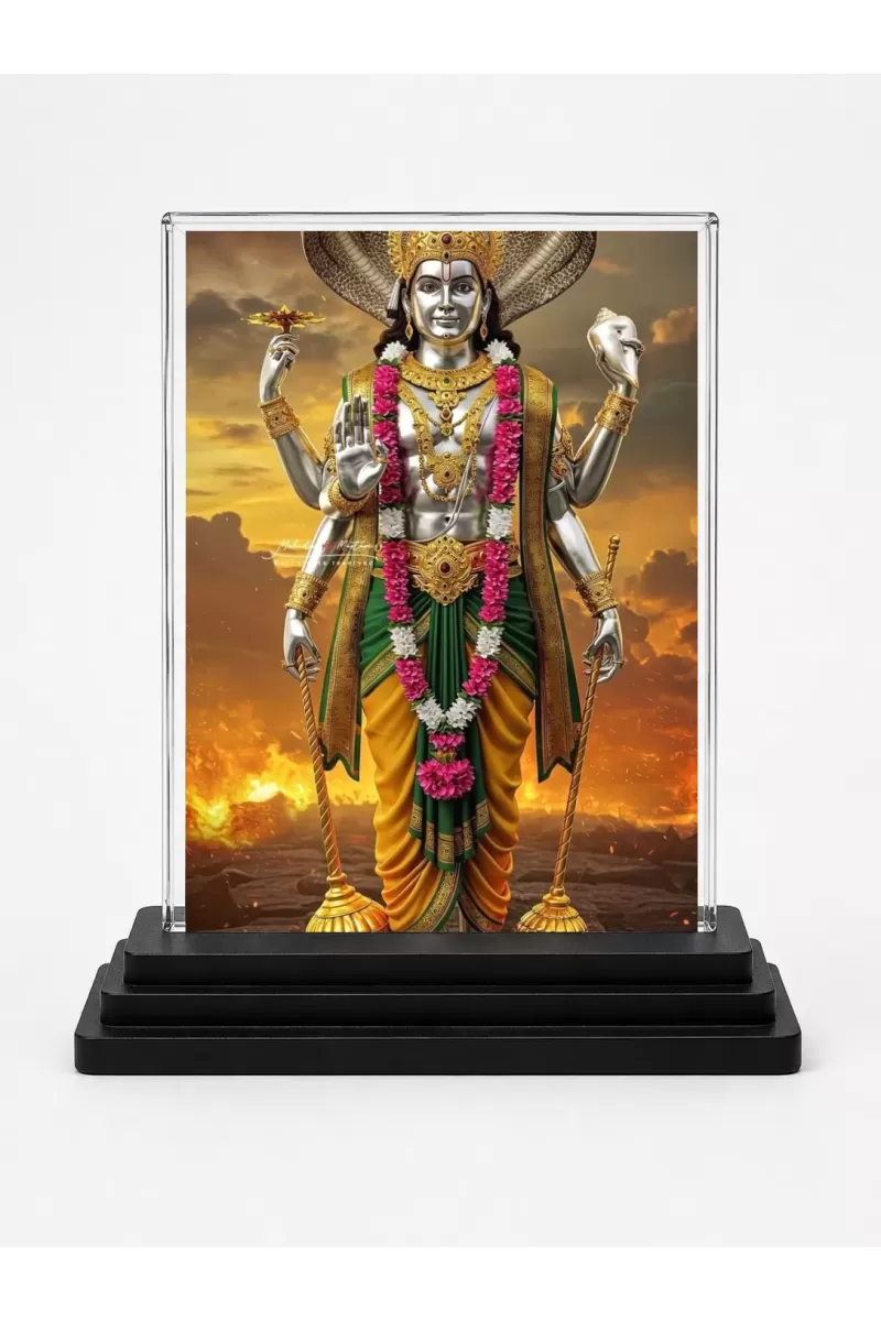 Vishnu Acrylic Car Dashboard Showpiece | Double-Sided Vishnu Photo Stand | 3 X 4 Inch Photo | Transparent Acrylic Frame With Black Base | Car Dashboard, Office & Table Decor (F71811)