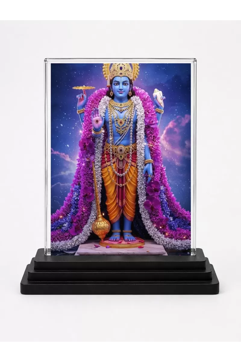 Krishna Acrylic Car Dashboard Showpiece | Double-Sided Krishna Photo Stand | 3 X 4 Inch Photo | Transparent Acrylic Frame With Black Base | Car Dashboard, Office & Table Decor (F71813)