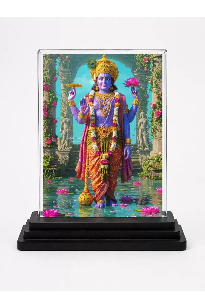 Krishna Acrylic Car Dashboard Showpiece | Double-Sided Krishna Photo Stand | 3 X 4 Inch Photo | Transparent Acrylic Frame With Black Base | Car Dashboard, Office & Table Decor (F71815)