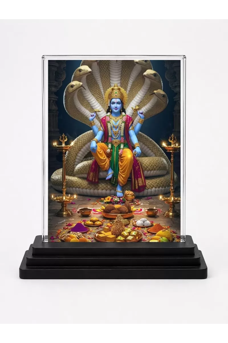 Lord Vishnu Acrylic Car Dashboard Showpiece | Double-Sided Lord Vishnu Photo Stand | 3 X 4 Inch Photo | Transparent Acrylic Frame With Black Base | Car Dashboard, Office & Table Decor (F71817)