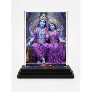 Radha Krishna Acrylic Car Dashboard Showpiece | Double-Sided Radha Krishna Photo Stand | 3 X 4 Inch Photo | Transparent Acrylic Frame With Black Base | Car Dashboard, Office & Table Decor (F71818)