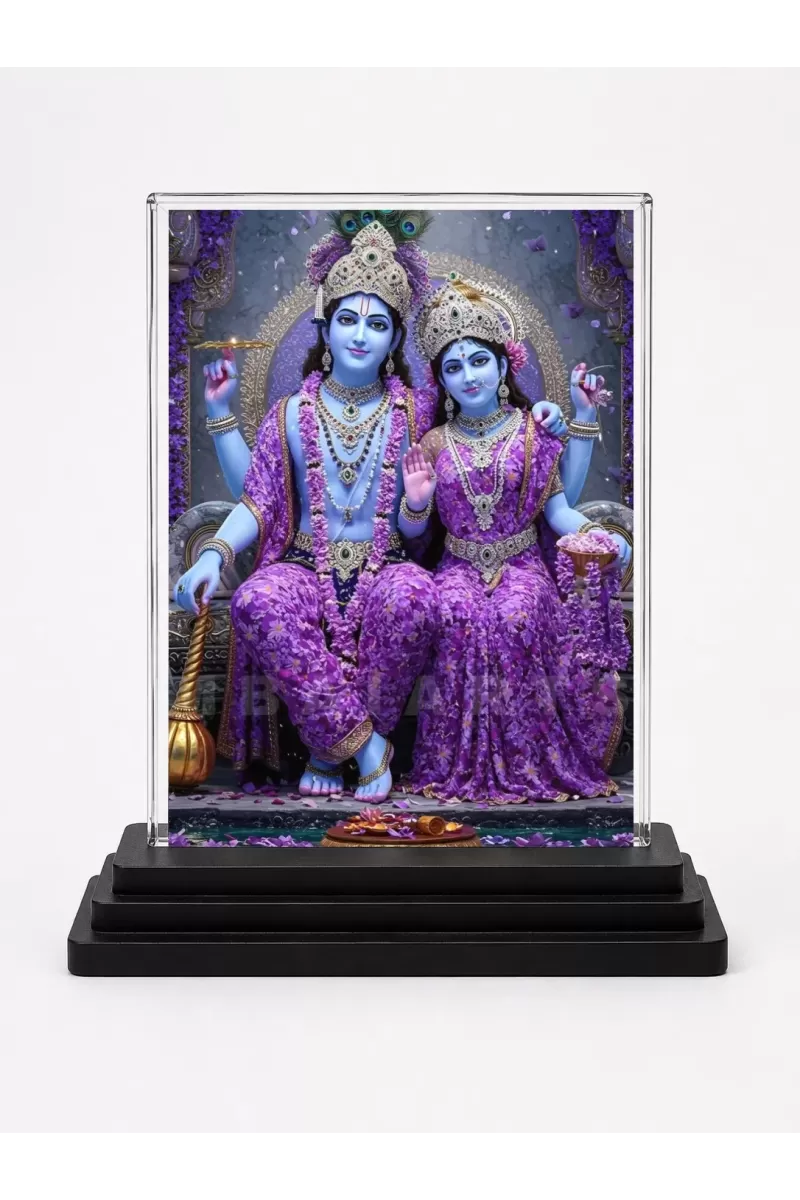 Radha Krishna Acrylic Car Dashboard Showpiece | Double-Sided Radha Krishna Photo Stand | 3 X 4 Inch Photo | Transparent Acrylic Frame With Black Base | Car Dashboard, Office & Table Decor (F71818)
