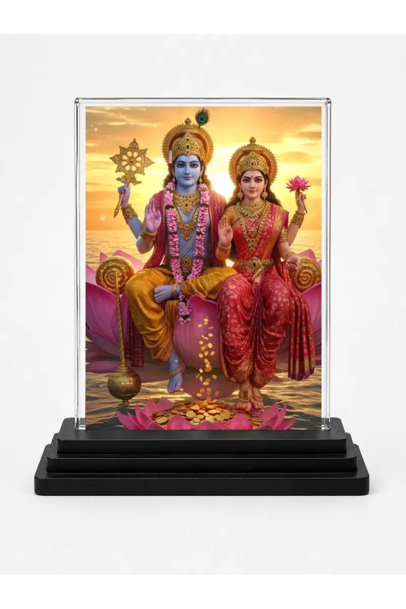 Lakshmi And Vishnu Acrylic Car Dashboard Showpiece | Double-Sided Lakshmi And Vishnu Photo Stand | 3 X 4 Inch Photo | Transparent Acrylic Frame With Black Base | Car Dashboard, Office & Table Decor (F71821)