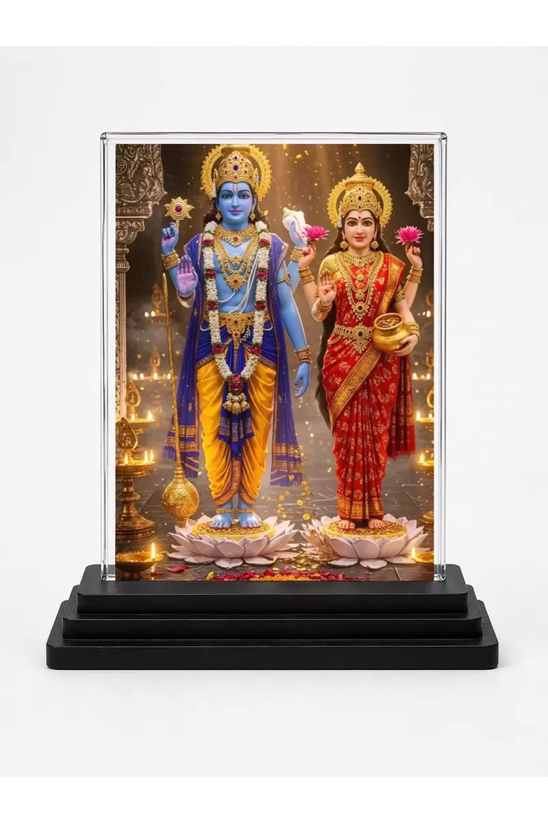 Lakshmi And Vishnu Acrylic Car Dashboard Showpiece | Double-Sided Lakshmi And Vishnu Photo Stand | 3 X 4 Inch Photo | Transparent Acrylic Frame With Black Base | Car Dashboard, Office & Table Decor (F71822)