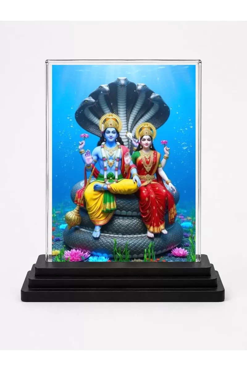 Vishnu And Lakshmi Acrylic Car Dashboard Showpiece | Double-Sided Vishnu And Lakshmi Photo Stand | 3 X 4 Inch Photo | Transparent Acrylic Frame With Black Base | Car Dashboard, Office & Table Decor (F71824)