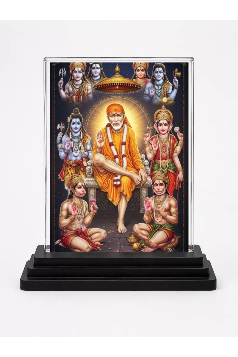 Sai Baba Acrylic Car Dashboard Showpiece | Double-Sided Sai Baba Photo Stand | 3 X 4 Inch Photo | Transparent Acrylic Frame With Black Base | Car Dashboard, Office & Table Decor (F71830)