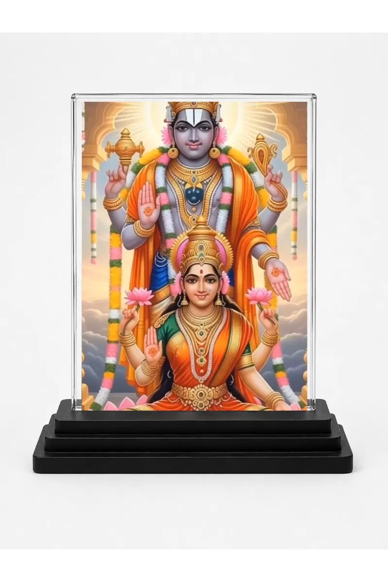 Vishnu And Lakshmi Acrylic Car Dashboard Showpiece | Double-Sided Vishnu And Lakshmi Photo Stand | 3 X 4 Inch Photo | Transparent Acrylic Frame With Black Base | Car Dashboard, Office & Table Decor (F71831)