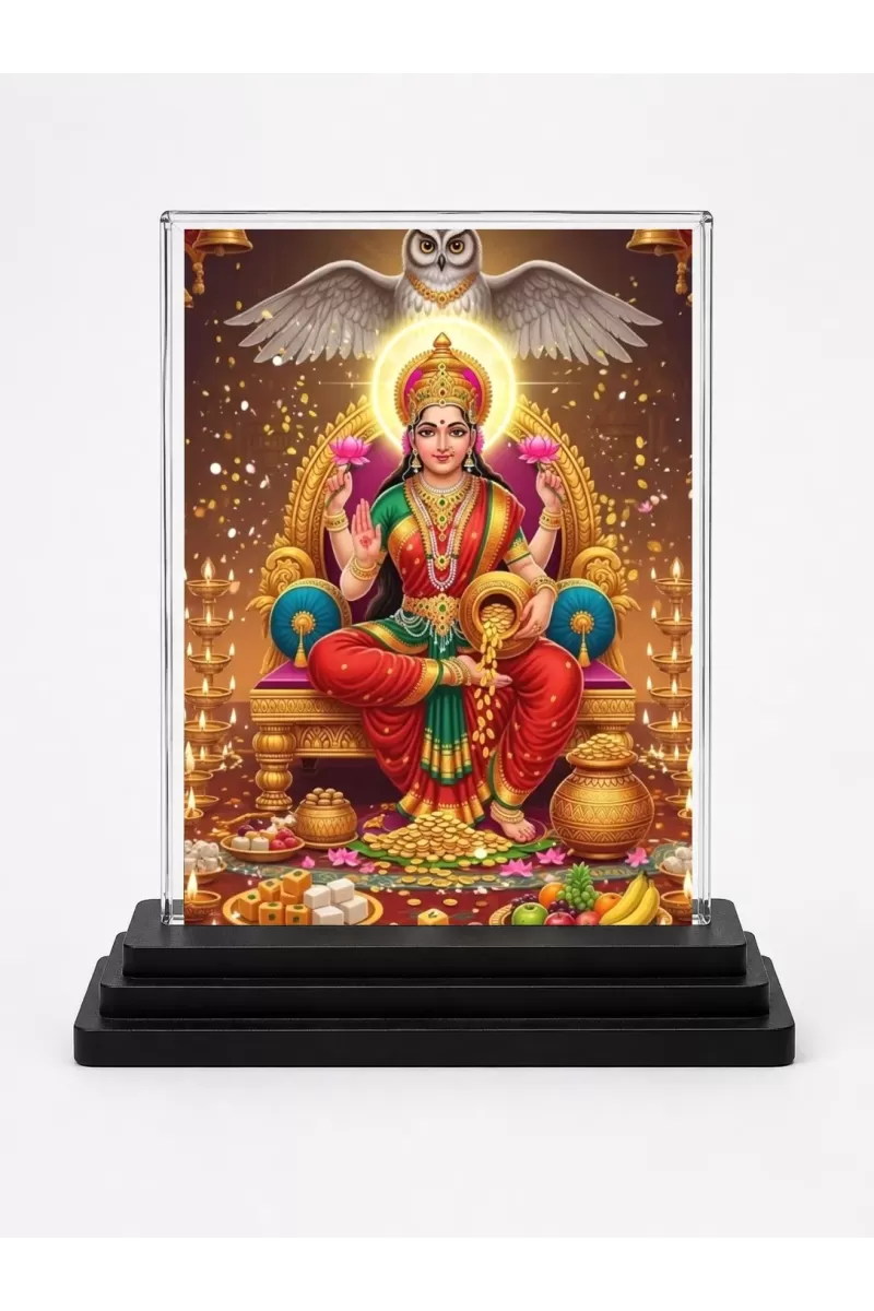 Lakshmi Acrylic Car Dashboard Showpiece | Double-Sided Lakshmi Photo Stand | 3 X 4 Inch Photo | Transparent Acrylic Frame With Black Base | Car Dashboard, Office & Table Decor (F71832)