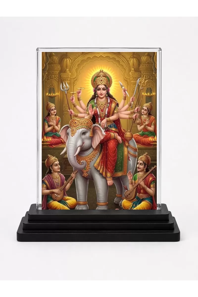 Durga Acrylic Car Dashboard Showpiece | Double-Sided Durga Photo Stand | 3 X 4 Inch Photo | Transparent Acrylic Frame With Black Base | Car Dashboard, Office & Table Decor (F71833)