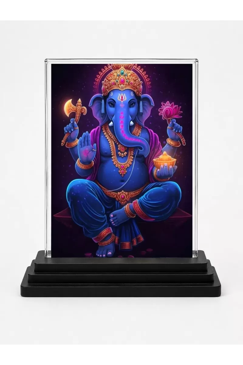 Ganesha Acrylic Car Dashboard Showpiece | Double-Sided Ganesha Photo Stand | 3 X 4 Inch Photo | Transparent Acrylic Frame With Black Base | Car Dashboard, Office & Table Decor (F71835)