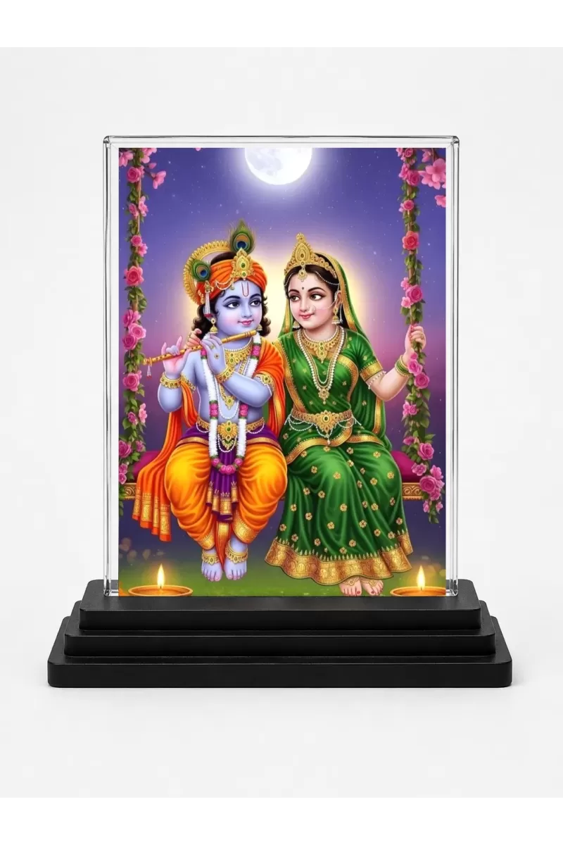 Krishna And Radha Acrylic Car Dashboard Showpiece | Double-Sided Krishna And Radha Photo Stand | 3 X 4 Inch Photo | Transparent Acrylic Frame With Black Base | Car Dashboard, Office & Table Decor (F71836)