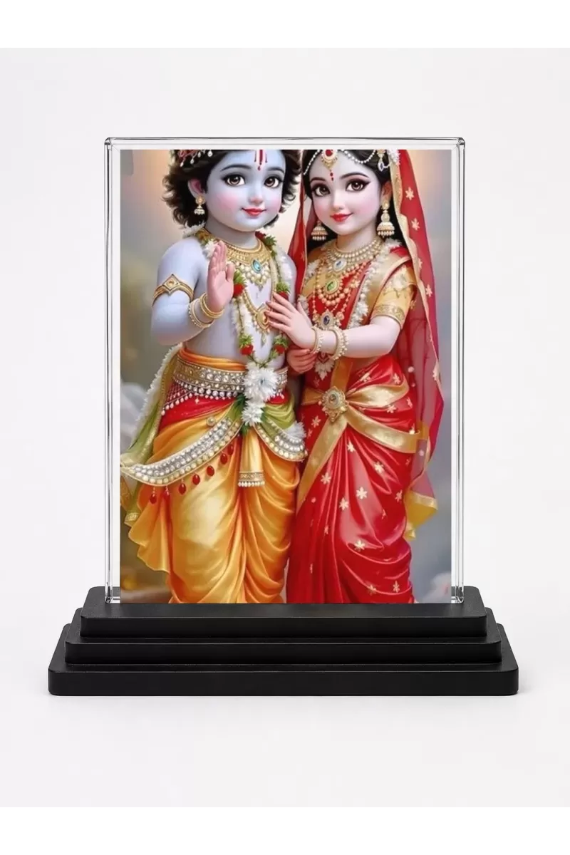 Radha And Krishna Acrylic Car Dashboard Showpiece | Double-Sided Radha And Krishna Photo Stand | 3 X 4 Inch Photo | Transparent Acrylic Frame With Black Base | Car Dashboard, Office & Table Decor (F71837)