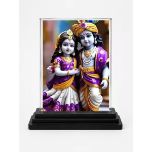 Radha Krishna Acrylic Car Dashboard Showpiece | Double-Sided Radha Krishna Photo Stand | 3 X 4 Inch Photo | Transparent Acrylic Frame With Black Base | Car Dashboard, Office & Table Decor (F71838)