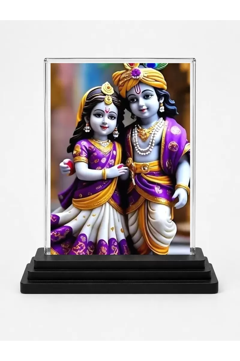 Radha Krishna Acrylic Car Dashboard Showpiece | Double-Sided Radha Krishna Photo Stand | 3 X 4 Inch Photo | Transparent Acrylic Frame With Black Base | Car Dashboard, Office & Table Decor (F71838)