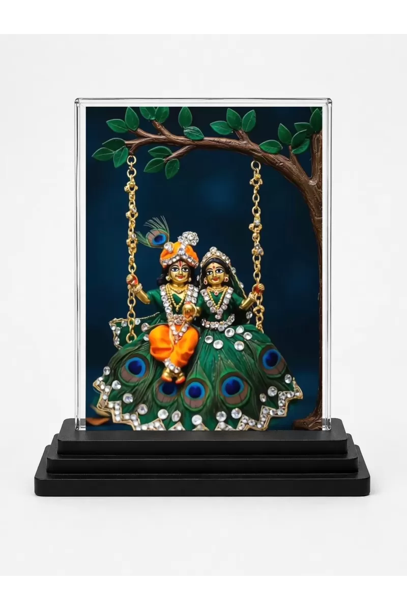 Radha Krishna Acrylic Car Dashboard Showpiece | Double-Sided Radha Krishna Photo Stand | 3 X 4 Inch Photo | Transparent Acrylic Frame With Black Base | Car Dashboard, Office & Table Decor (F71839)