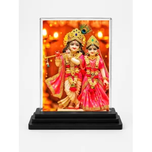 Radha Krishna Acrylic Car Dashboard Showpiece | Double-Sided Radha Krishna Photo Stand | 3 X 4 Inch Photo | Transparent Acrylic Frame With Black Base | Car Dashboard, Office & Table Decor (F71840)