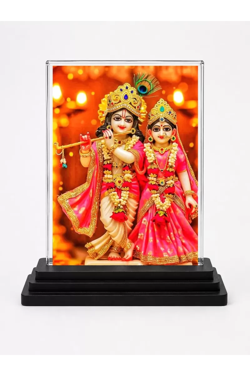 Radha Krishna Acrylic Car Dashboard Showpiece | Double-Sided Radha Krishna Photo Stand | 3 X 4 Inch Photo | Transparent Acrylic Frame With Black Base | Car Dashboard, Office & Table Decor (F71840)
