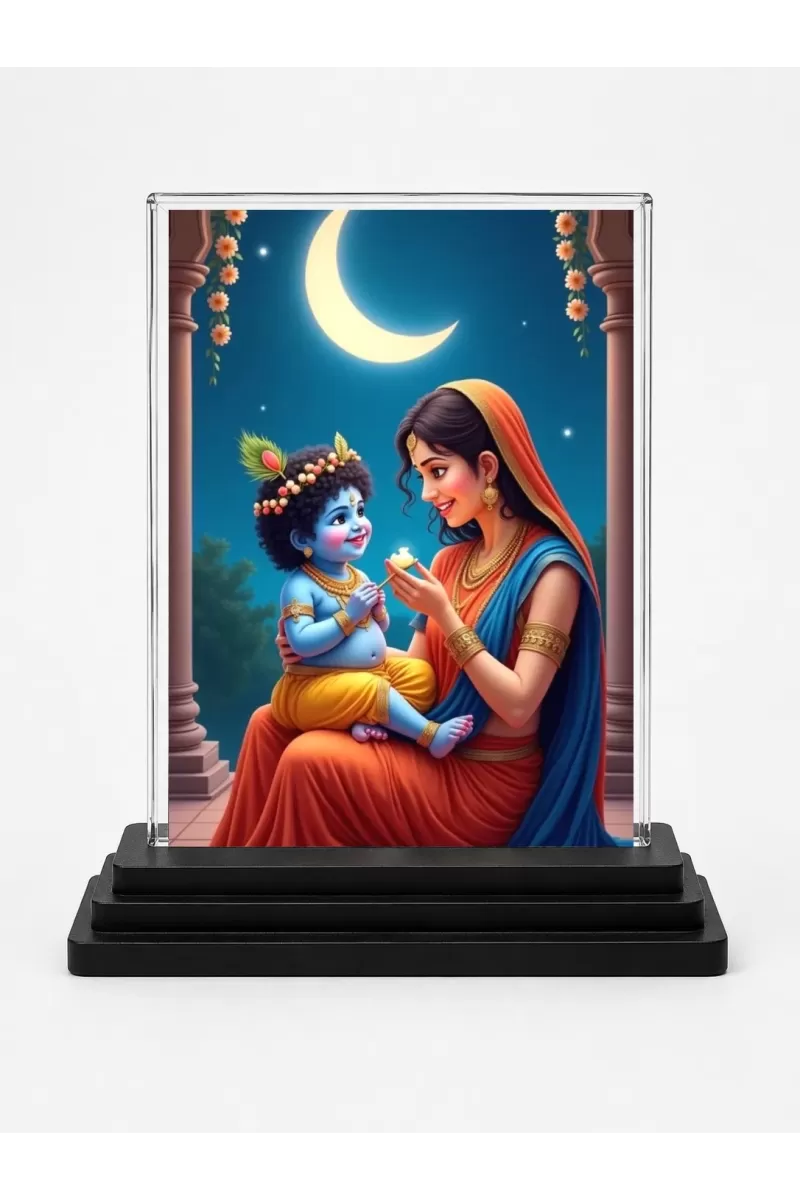 Krishna And Yashoda Acrylic Car Dashboard Showpiece | Double-Sided Krishna And Yashoda Photo Stand | 3 X 4 Inch Photo | Transparent Acrylic Frame With Black Base | Car Dashboard, Office & Table Decor (F71841)