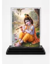 Krishna Acrylic Car Dashboard Showpiece | Double-Sided Krishna Photo Stand | 3 X 4 Inch Photo | Transparent Acrylic Frame With Black Base | Car Dashboard, Office & Table Decor (F71842)