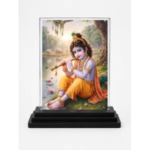 Krishna Acrylic Car Dashboard Showpiece | Double-Sided Krishna Photo Stand | 3 X 4 Inch Photo | Transparent Acrylic Frame With Black Base | Car Dashboard, Office & Table Decor (F71842)