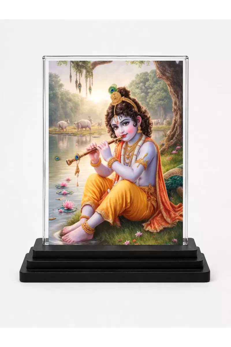 Krishna Acrylic Car Dashboard Showpiece | Double-Sided Krishna Photo Stand | 3 X 4 Inch Photo | Transparent Acrylic Frame With Black Base | Car Dashboard, Office & Table Decor (F71842)