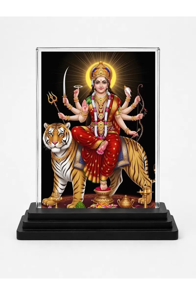 Durga Acrylic Car Dashboard Showpiece | Double-Sided Durga Photo Stand | 3 X 4 Inch Photo | Transparent Acrylic Frame With Black Base | Car Dashboard, Office & Table Decor (F71843)