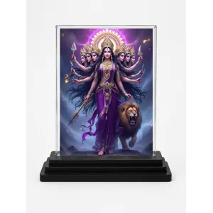 Durga Acrylic Car Dashboard Showpiece | Double-Sided Durga Photo Stand | 3 X 4 Inch Photo | Transparent Acrylic Frame With Black Base | Car Dashboard, Office & Table Decor (F71844)
