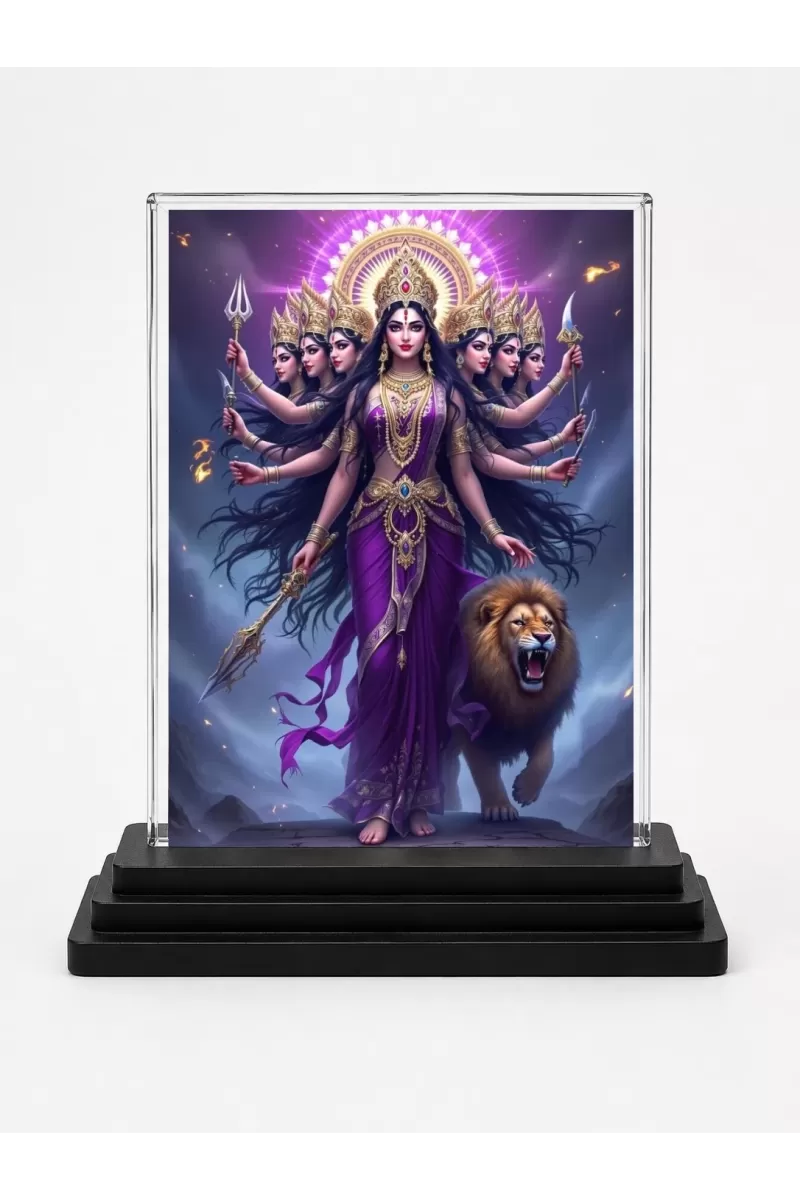 Durga Acrylic Car Dashboard Showpiece | Double-Sided Durga Photo Stand | 3 X 4 Inch Photo | Transparent Acrylic Frame With Black Base | Car Dashboard, Office & Table Decor (F71844)