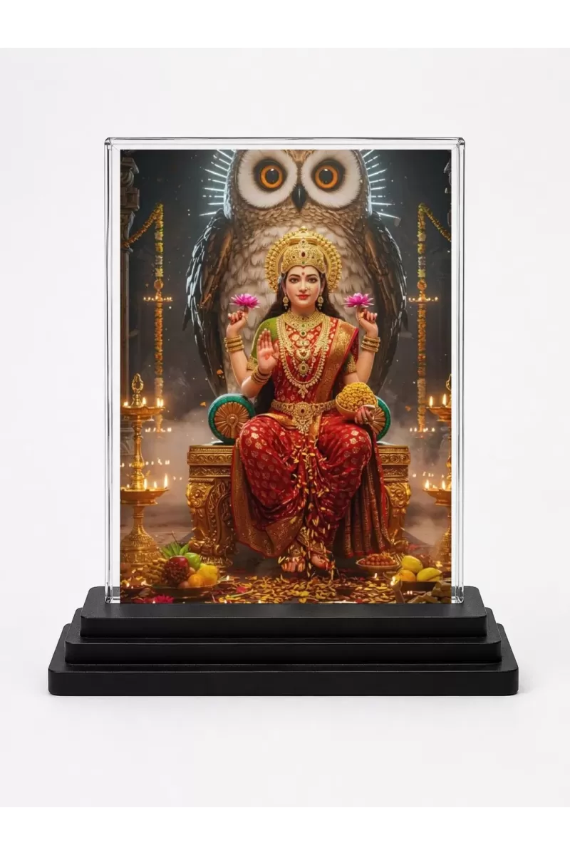 Lakshmi Acrylic Car Dashboard Showpiece | Double-Sided Lakshmi Photo Stand | 3 X 4 Inch Photo | Transparent Acrylic Frame With Black Base | Car Dashboard, Office & Table Decor (F71846)