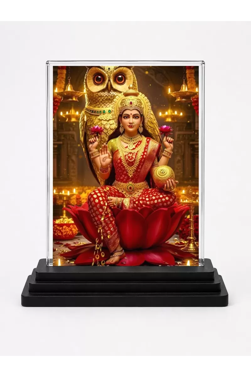 Lakshmi Acrylic Car Dashboard Showpiece | Double-Sided Lakshmi Photo Stand | 3 X 4 Inch Photo | Transparent Acrylic Frame With Black Base | Car Dashboard, Office & Table Decor (F71847)