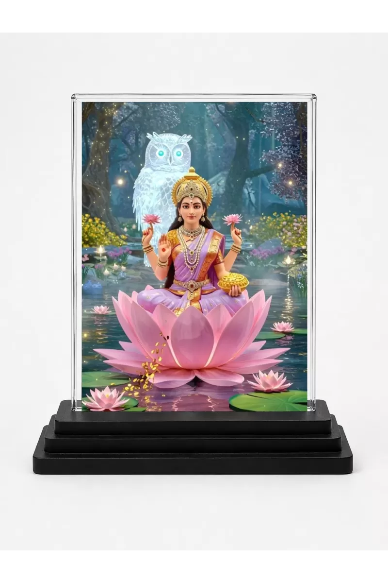Lakshmi Acrylic Car Dashboard Showpiece | Double-Sided Lakshmi Photo Stand | 3 X 4 Inch Photo | Transparent Acrylic Frame With Black Base | Car Dashboard, Office & Table Decor (F71848)