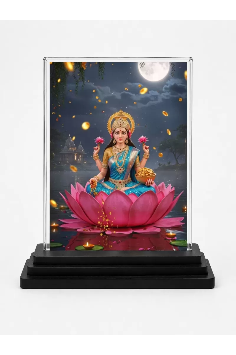 Lakshmi Acrylic Car Dashboard Showpiece | Double-Sided Lakshmi Photo Stand | 3 X 4 Inch Photo | Transparent Acrylic Frame With Black Base | Car Dashboard, Office & Table Decor (F71849)
