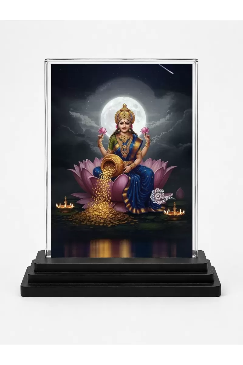 Lakshmi Acrylic Car Dashboard Showpiece | Double-Sided Lakshmi Photo Stand | 3 X 4 Inch Photo | Transparent Acrylic Frame With Black Base | Car Dashboard, Office & Table Decor (F71850)