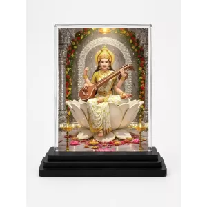 Saraswati Acrylic Car Dashboard Showpiece | Double-Sided Saraswati Photo Stand | 3 X 4 Inch Photo | Transparent Acrylic Frame With Black Base | Car Dashboard, Office & Table Decor (F71851)