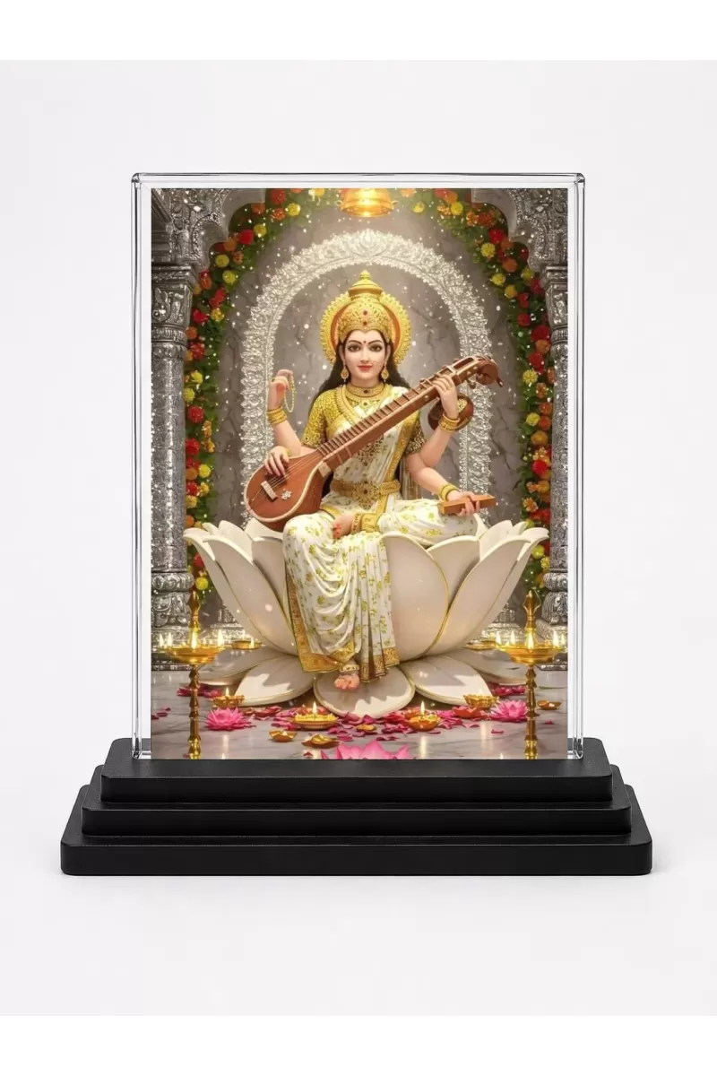 Saraswati Acrylic Car Dashboard Showpiece | Double-Sided Saraswati Photo Stand | 3 X 4 Inch Photo | Transparent Acrylic Frame With Black Base | Car Dashboard, Office & Table Decor (F71851)