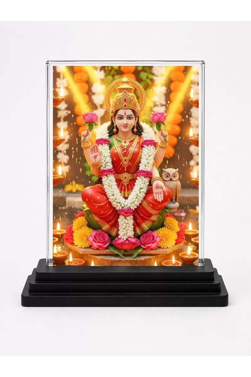 Lakshmi Acrylic Car Dashboard Showpiece | Double-Sided Lakshmi Photo Stand | 3 X 4 Inch Photo | Transparent Acrylic Frame With Black Base | Car Dashboard, Office & Table Decor (F71852)