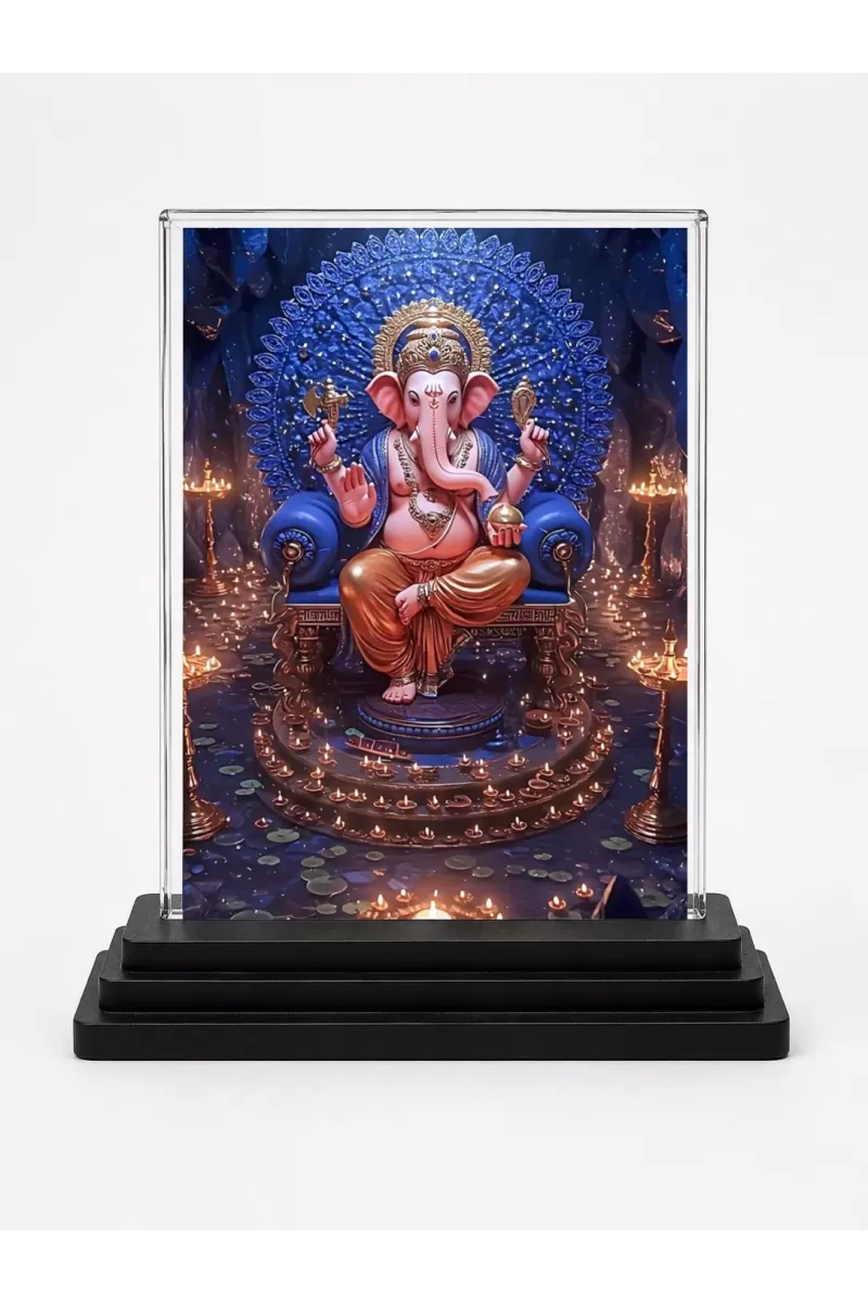 Ganesha Acrylic Car Dashboard Showpiece | Double-Sided Ganesha Photo Stand | 3 X 4 Inch Photo | Transparent Acrylic Frame With Black Base | Car Dashboard, Office & Table Decor (F71853)