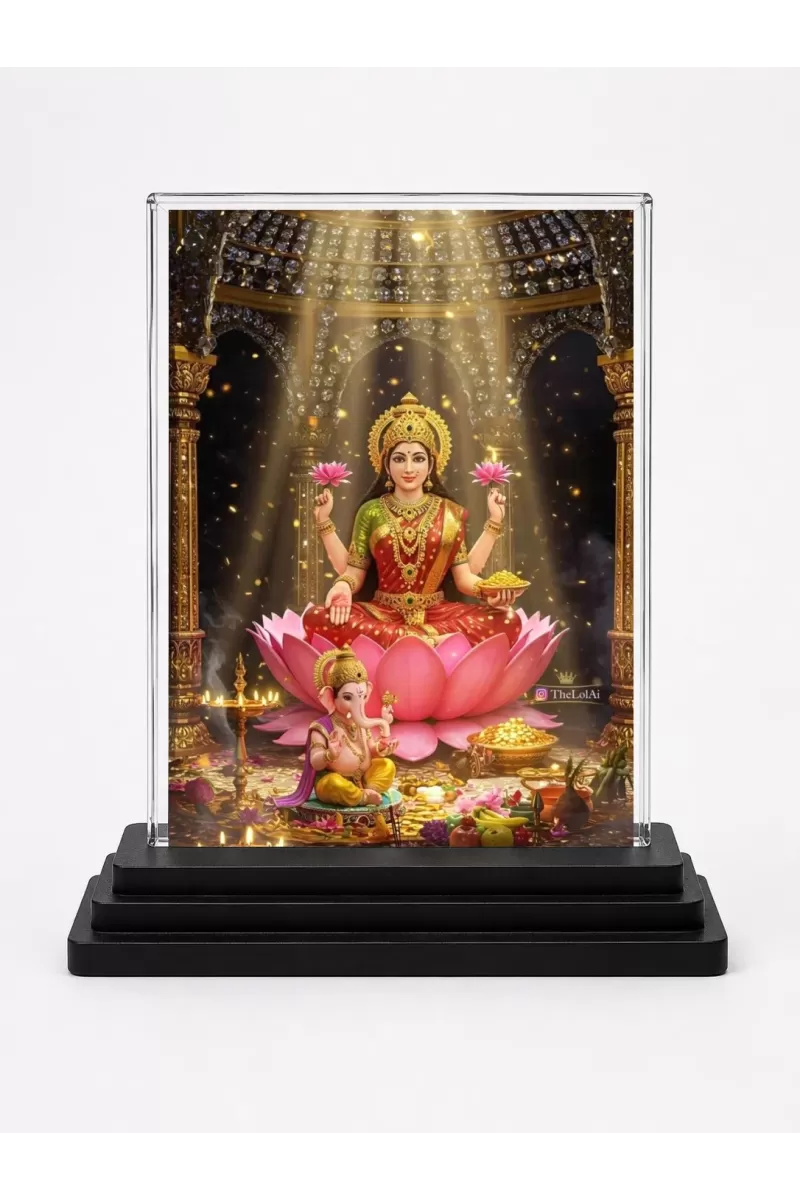 Lakshmi Acrylic Car Dashboard Showpiece | Double-Sided Lakshmi Photo Stand | 3 X 4 Inch Photo | Transparent Acrylic Frame With Black Base | Car Dashboard, Office & Table Decor (F71854)