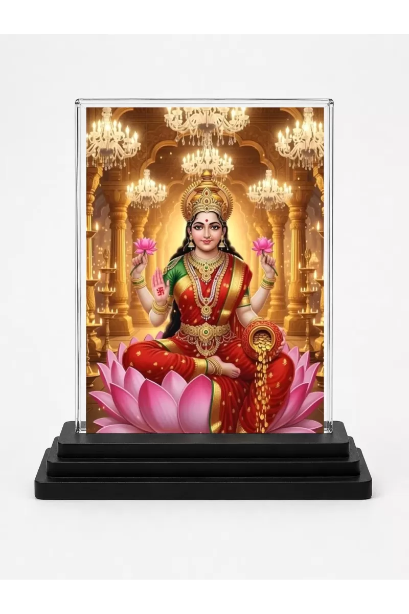 Lakshmi Acrylic Car Dashboard Showpiece | Double-Sided Lakshmi Photo Stand | 3 X 4 Inch Photo | Transparent Acrylic Frame With Black Base | Car Dashboard, Office & Table Decor (F71855)