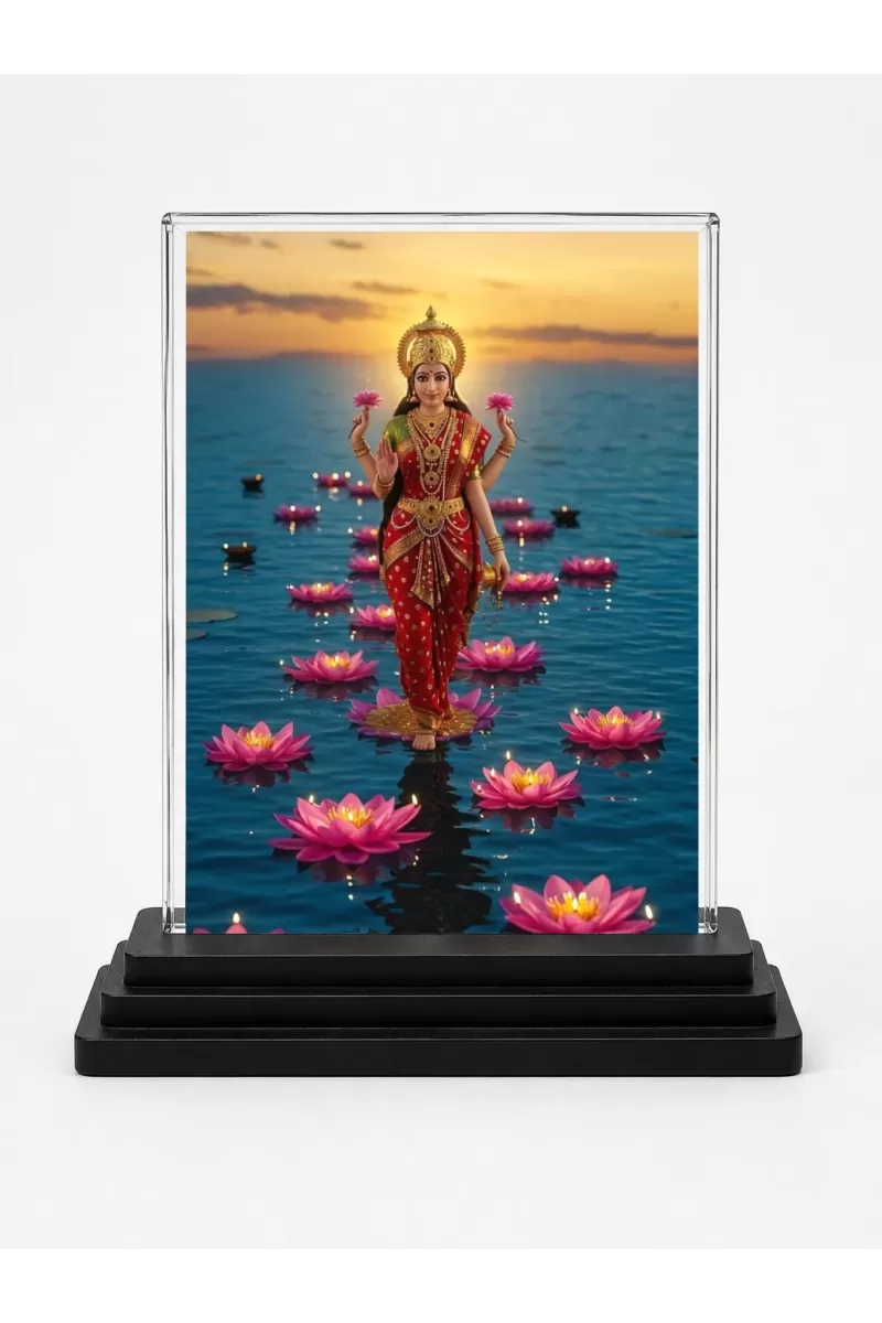 Lakshmi Acrylic Car Dashboard Showpiece | Double-Sided Lakshmi Photo Stand | 3 X 4 Inch Photo | Transparent Acrylic Frame With Black Base | Car Dashboard, Office & Table Decor (F71856)