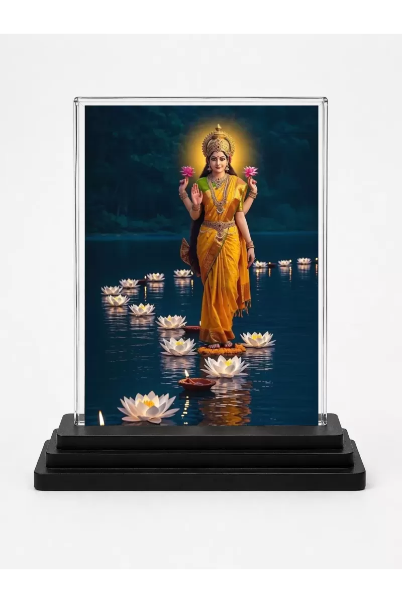 Lakshmi Acrylic Car Dashboard Showpiece | Double-Sided Lakshmi Photo Stand | 3 X 4 Inch Photo | Transparent Acrylic Frame With Black Base | Car Dashboard, Office & Table Decor (F71857)