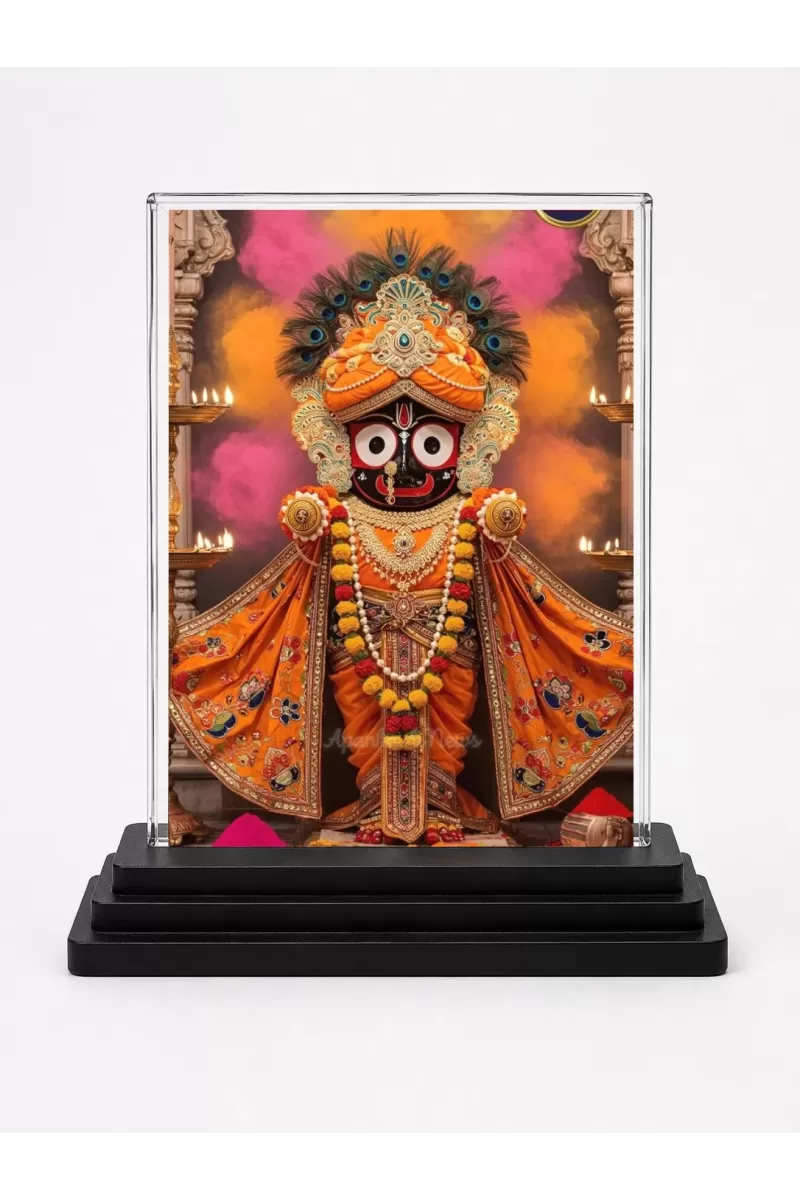 Jagannath Acrylic Car Dashboard Showpiece | Double-Sided Jagannath Photo Stand | 3 X 4 Inch Photo | Transparent Acrylic Frame With Black Base | Car Dashboard, Office & Table Decor (F71858)