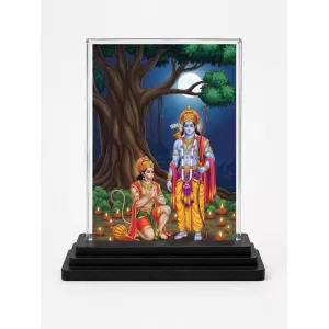 Rama And Hanuman Acrylic Car Dashboard Showpiece | Double-Sided Rama And Hanuman Photo Stand | 3 X 4 Inch Photo | Transparent Acrylic Frame With Black Base | Car Dashboard, Office & Table Decor (F71866)