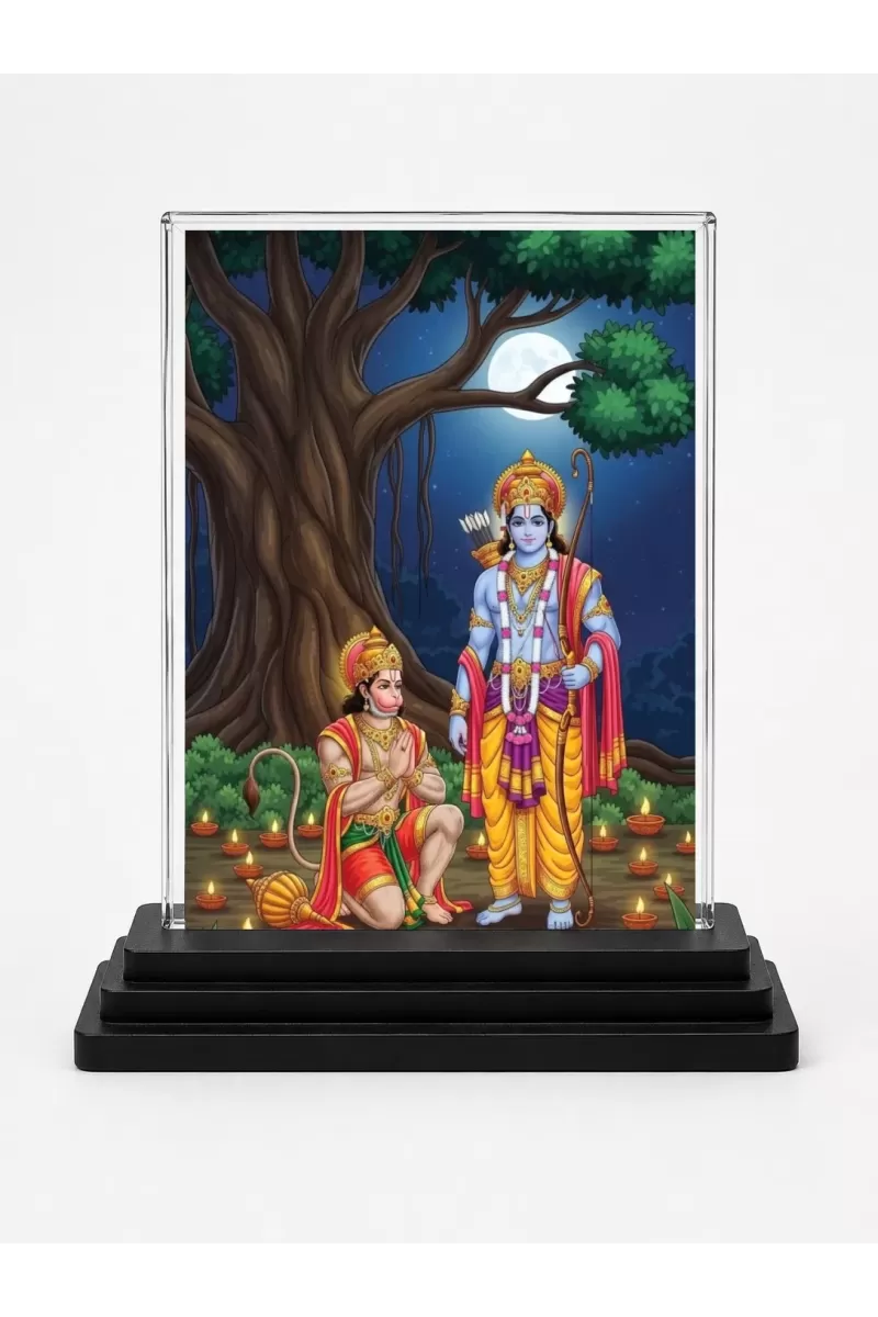 Rama And Hanuman Acrylic Car Dashboard Showpiece | Double-Sided Rama And Hanuman Photo Stand | 3 X 4 Inch Photo | Transparent Acrylic Frame With Black Base | Car Dashboard, Office & Table Decor (F71866)