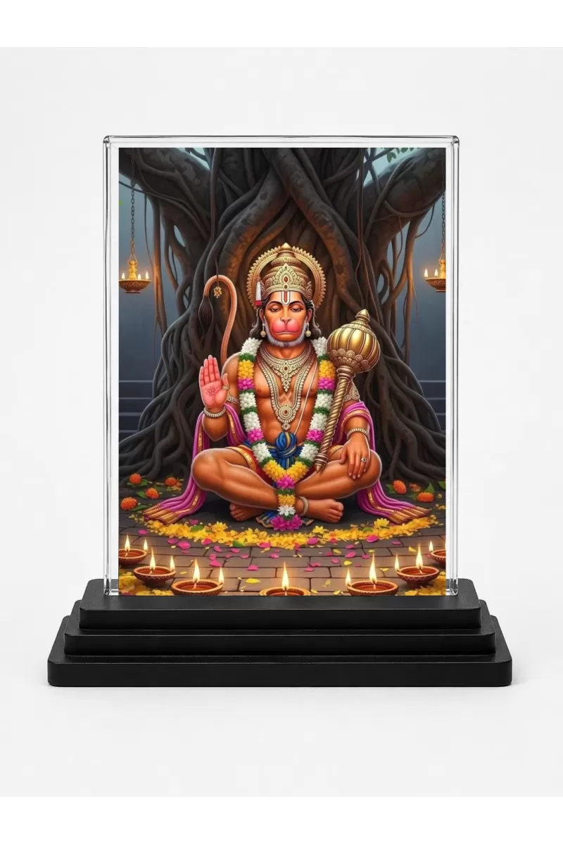 Hanuman Acrylic Car Dashboard Showpiece | Double-Sided Hanuman Photo Stand | 3 X 4 Inch Photo | Transparent Acrylic Frame With Black Base | Car Dashboard, Office & Table Decor (F71867)